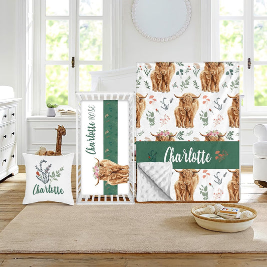 Custom Crib Bedding Set - Highland Cow Design Personalized Name Baby Nursery Bed 3 Pcs Set - Chic Soft Blanket with Dotted Backing, Sheet, Pillowcase for Newborn Girls Boys Gifts Color04