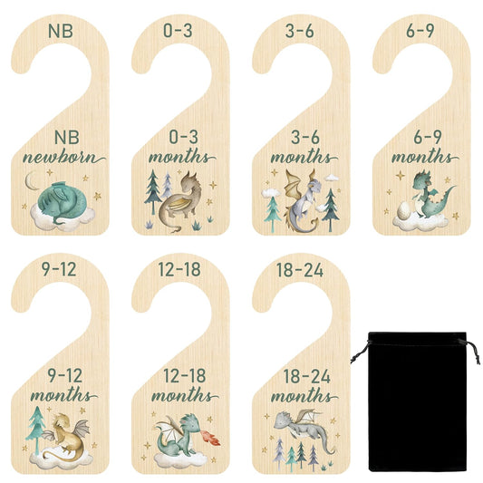 R HORSE Wooden Baby Closet Dividers - 8Pcs Dragon Baby Closet Organizer, Double-Sided Newborn Clothes Size Hanger Dividers, Nursery Decor Birthday Gift for Boy Girl (0-24 Months)