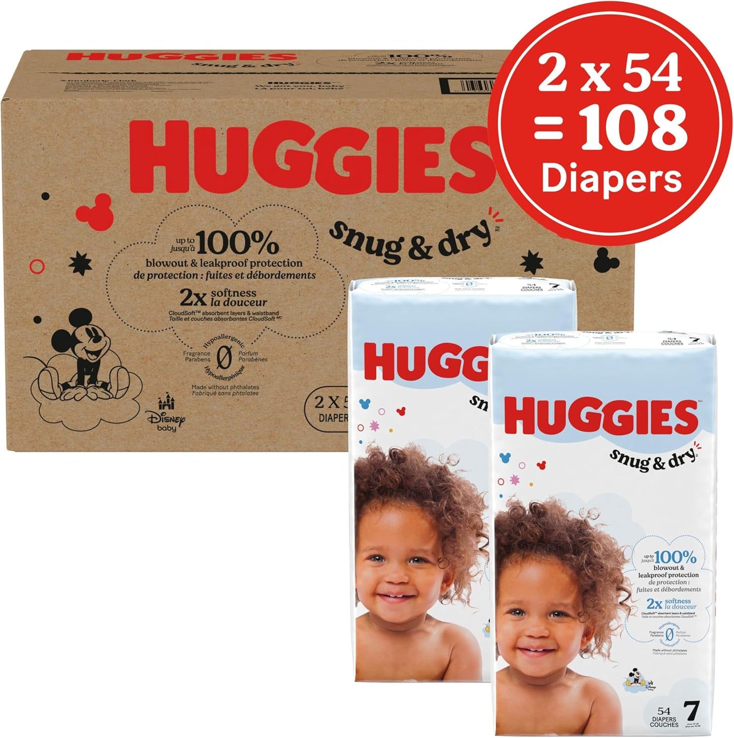 Huggies Size 7 Diapers, Snug & Dry Baby Diapers, Size 7 (41+ lbs), 108 Count (2 Packs of 54), Packaging May Vary