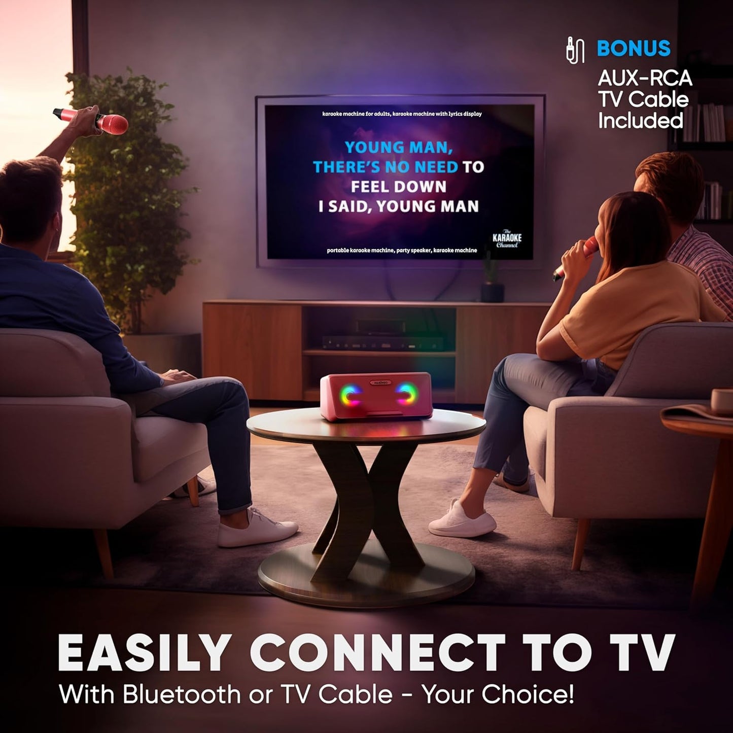 MASINGO Karaoke Machine for Adults and Kids with 2 Wireless Microphones, Portable Bluetooth Singing Speaker, Colorful LED Lights, PA System, Lyrics Display Phone Holder, and TV Cable. Presto G2 Pink