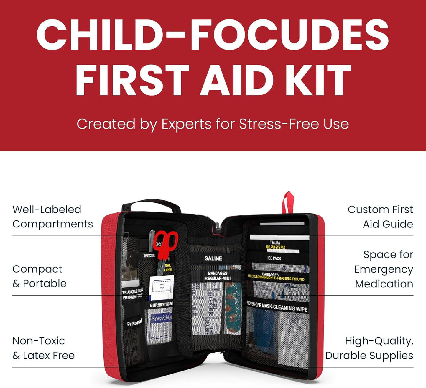 Portable First Aid Kit for Kids with CPR Shield - Ideal for Home, Car, School, Camping, and as a Travel First aid kit. Latex-Free Bandages – Children First Aid Guide by The Life Safety Pro