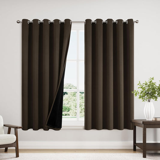 ChrisDowa 100% Blackout Curtains 63 inch Long for Bedroom with Black Liner, Extra Wide 2 Thick Layers Total Blackout Thermal Insulated Grommet Window Curtains 2 Panels Set (Brown, 60 x 63 Inch)