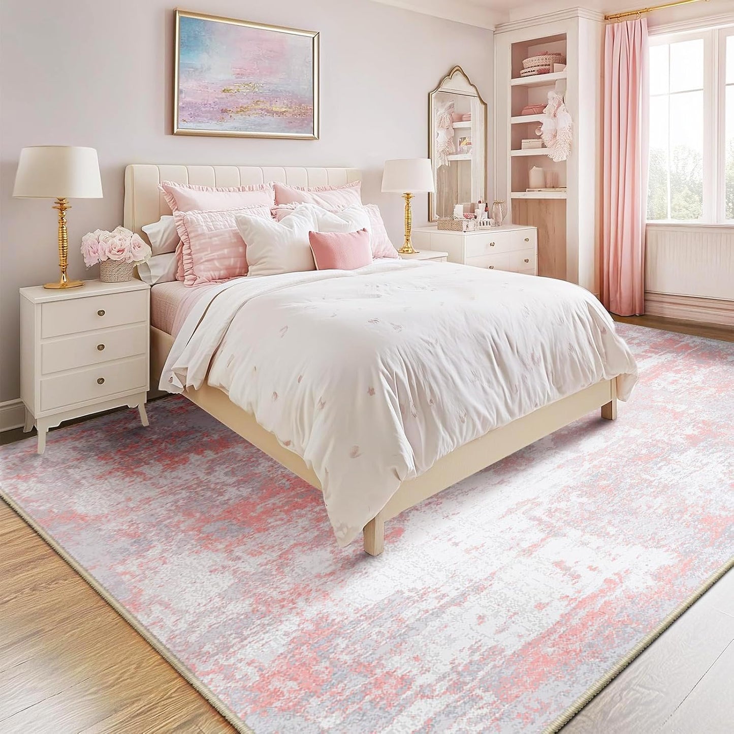 Washable Area Rugs 8'x10' Non-Slip Modern Abstract Soft for Living Room Entryway Bedroom Nursery, Print Pattern, Grey Pink