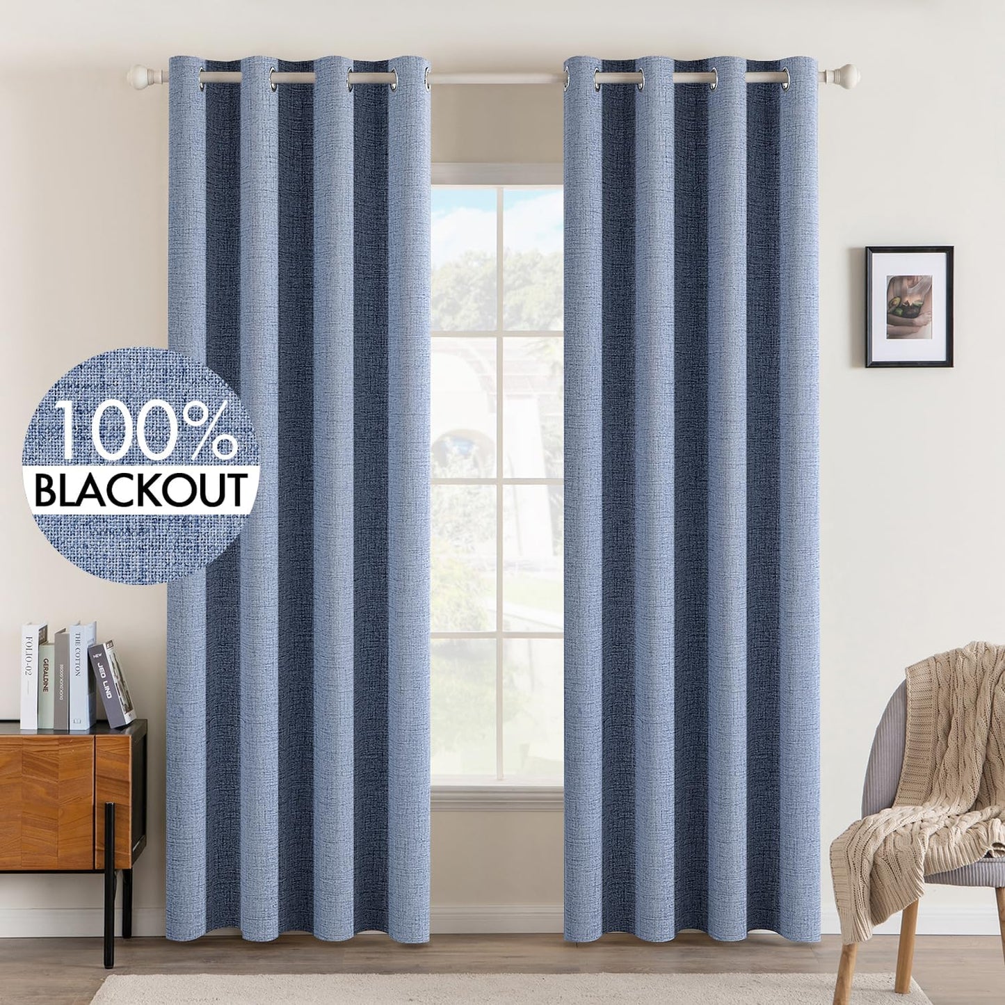 MIULEE Linen Texture Curtains for Bedroom Solid 100% Blackout Thermal Insulated Stone Blue Curtains Grommet Room Darkening Drapes Luxury Decor for Living Room Nursery 52x72 Inch (2 Panels)