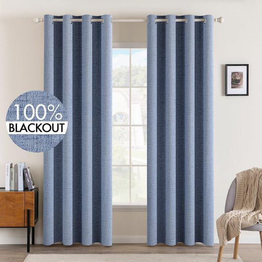 MIULEE Linen Texture Curtains for Bedroom Solid 100% Blackout Thermal Insulated Stone Blue Curtains Grommet Room Darkening Drapes for Living Room Nursery 52x108 Inch (2 Panels)