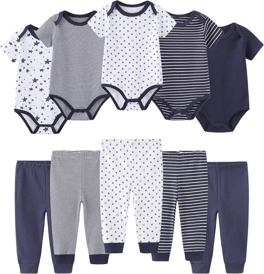 Baby Bodysuit and Pant Set 10-pcs Cotton Soft Newborn Boy Girl Clothes Outfits