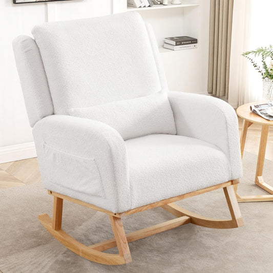 Rocking Chair Nursery, Sherpa Nursing Rocking Chairs, Upholstered Nursery Glider Rocker Wingback Morden Rocking Chair with Lumbar Pillow for Mom Nursery, Living Room, Bedroom, Teddy White