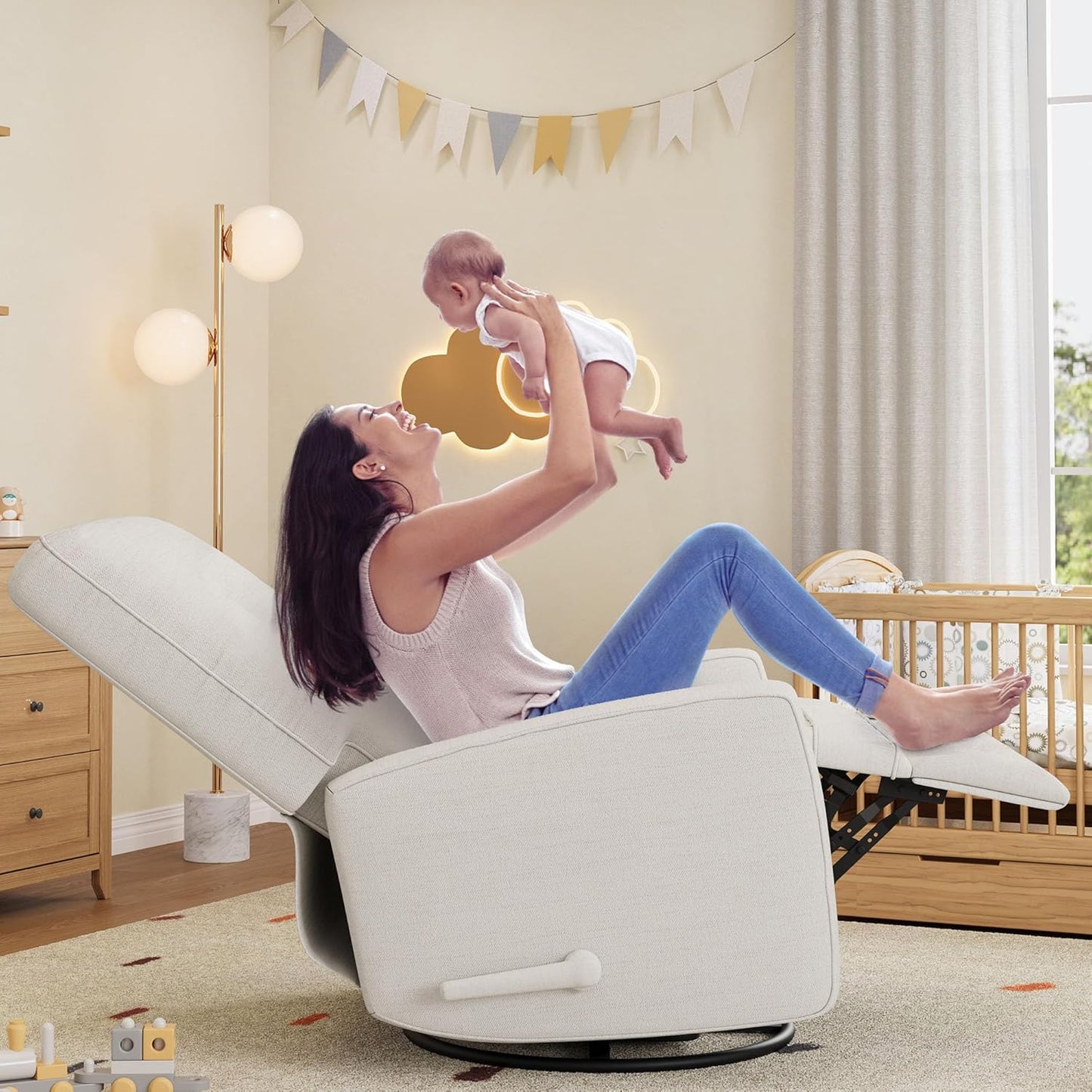 Oversized Recliner Chairs, Swivel Rocker Recline, Glider Recliner Nursery Chair, Recliner Chair for Adults, 360°Swivel Glider Rocking Chair for Living Room, Bedroom, Office, RV, Linen, White