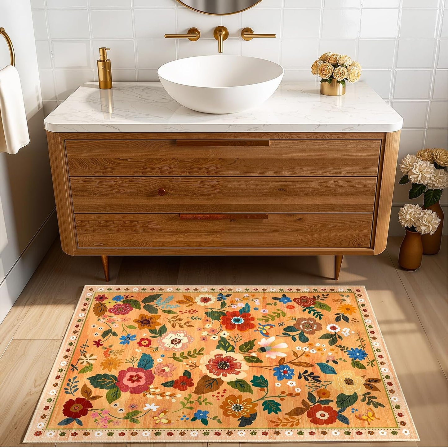 Floral 2x3 Area Rug Machine Washable Soft Print Boho Carpet Non Slip Doormat Low Pile Flower Area Rugs for Living Room Bedroom Nursery Kitchen Dining Room Indoor-Yellow/Orange