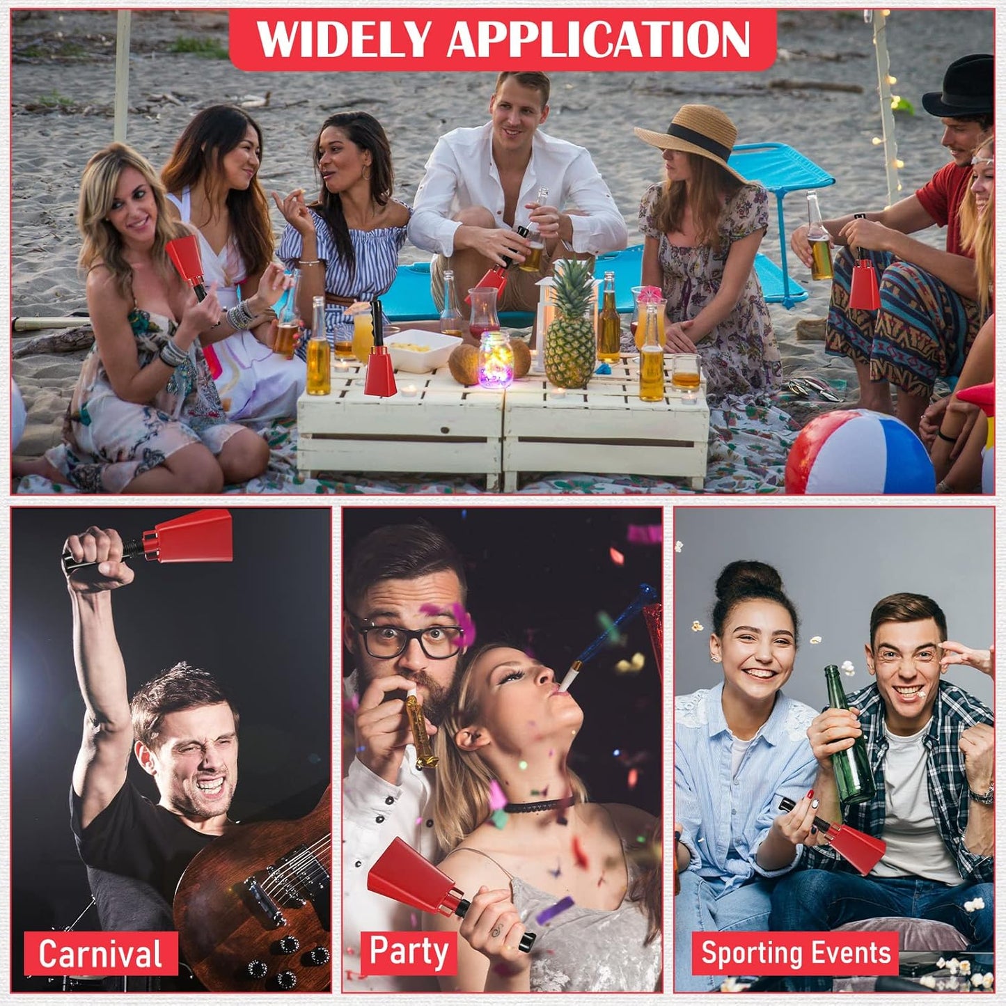 24 Pcs Cow Bell Cheering Bell Cow Bells Noise Makers for Sporting Events Football Cowbell with Handle Loud Musical Instrument for Sports School Classroom Alarm(red,9 '')