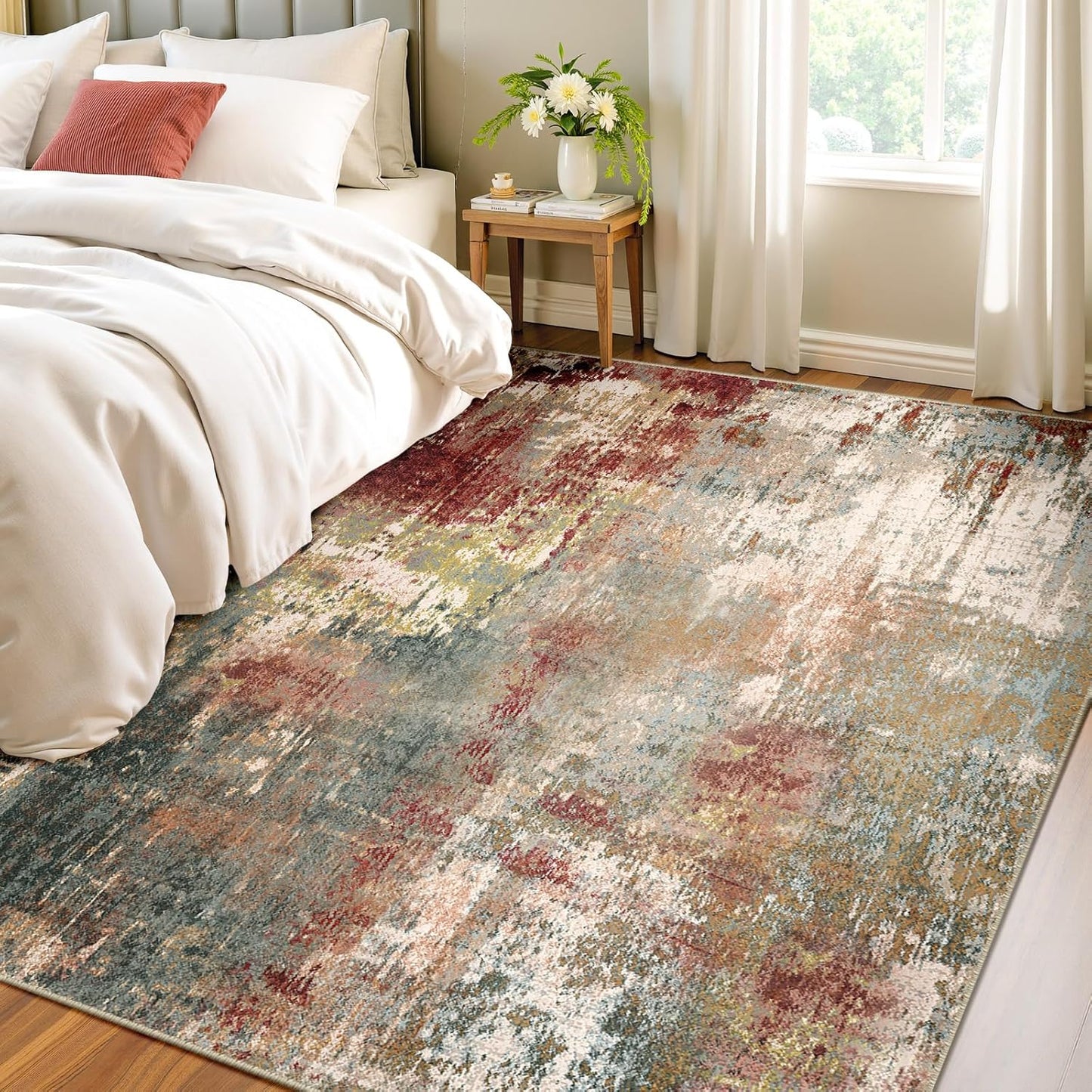 Washable Area Rugs 4'x6' Non-Slip Modern Abstract Soft for Living Room Entryway Bedroom Nursery, Print Pattern, Brown Rust Red Multi
