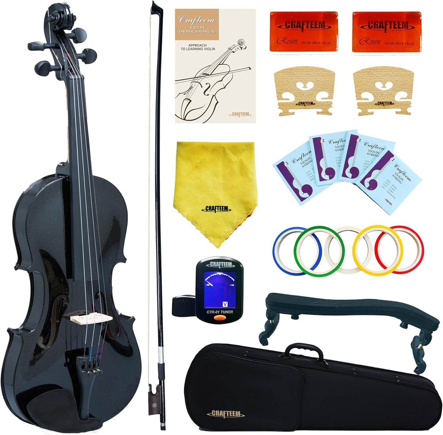 4/4 Full Size Fiddle Black Colored Premium Violin Outfit for Beginners Adults Kids With 5 Color Fingering Tape- Handcrafted Student Beginner Violin. (Black, 4/4 Full)