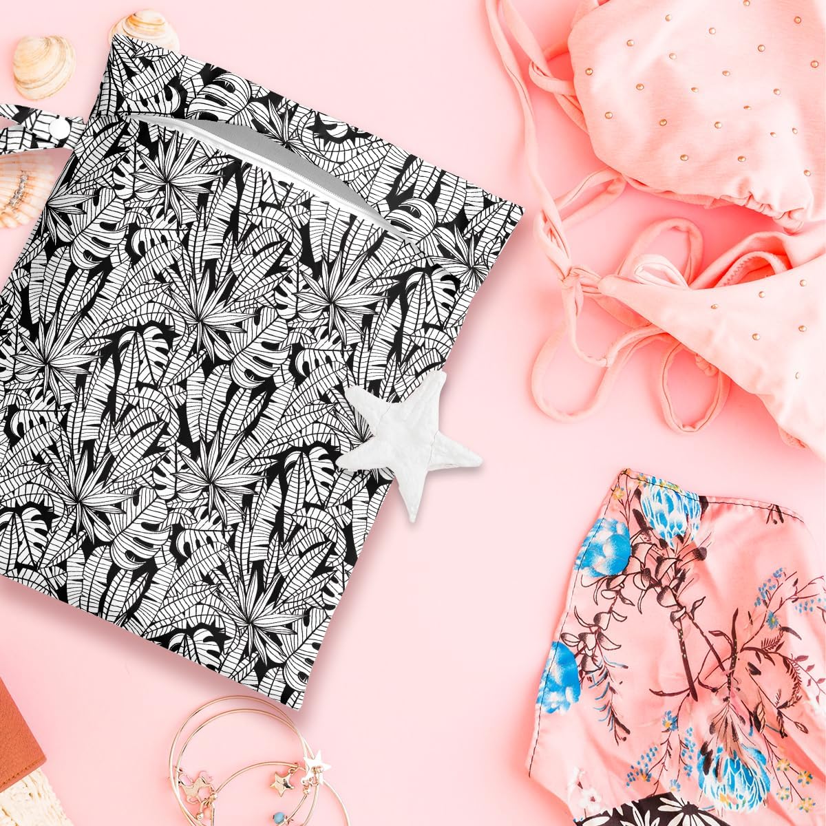 Wet Bag, Wet Dry Bag, Wet Bag for Swimsuit, Travel, Beach, Pool, Diapers, Dirty Yoga Gym Clothes, Makeup Bag, Waterproof Tropical Palm Leaves Decor Jungle Palm Leaf Favors