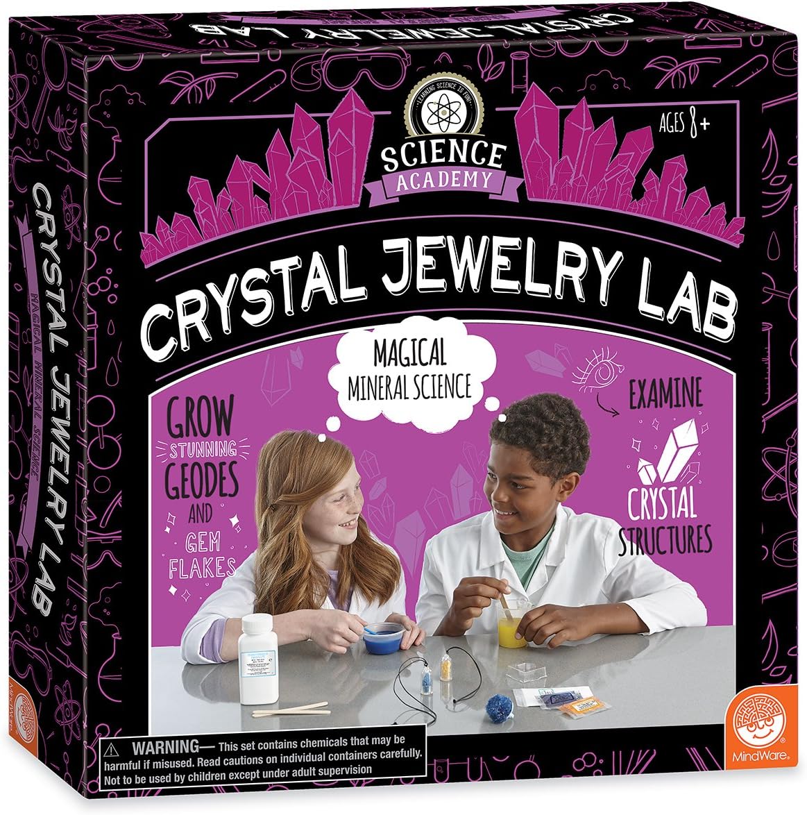 MindWare Science Academy Crystal Jewelry lab - Kids & Teens Grow 1 Crystal Ring and 2 Necklaces with Our 18pc Set - Wild & Weird Experiments for Boys & Girls - Great Educational Gift