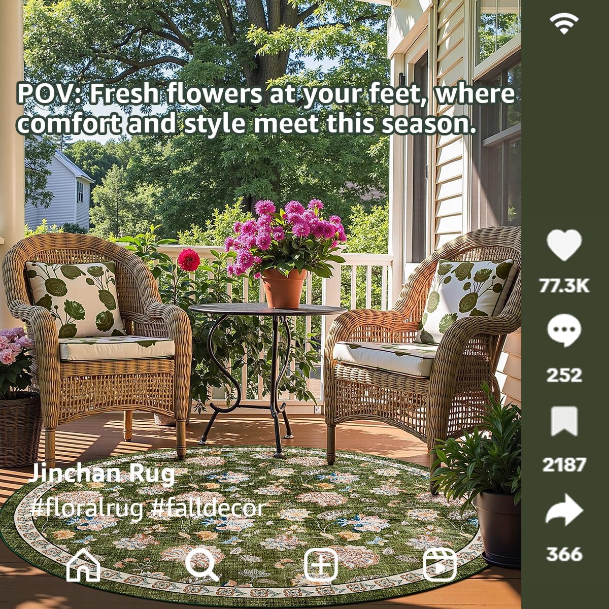 jinchan 7ft Floral Round Rug for Dining Room Washable Living Room Rug Vintage Romance Design Non Slip Indoor Floor Cover Lightweight Low-Profile Throw Carpet for Bedroom Porch Patio, Green