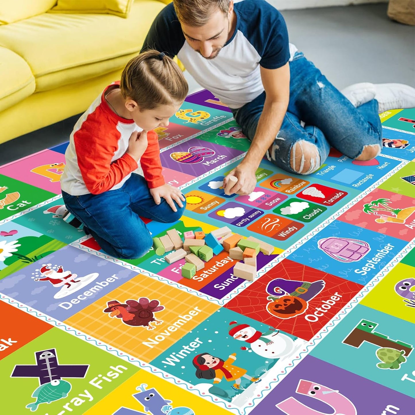 Kids Rug for Playroom, Kids Baby Playmat with Alphabet, Month, Weather, Week and Shapes ABC Educational Rug, Play Mat Carpet for Bedroom Classroom (110.2X78.7 INCH, Weather)
