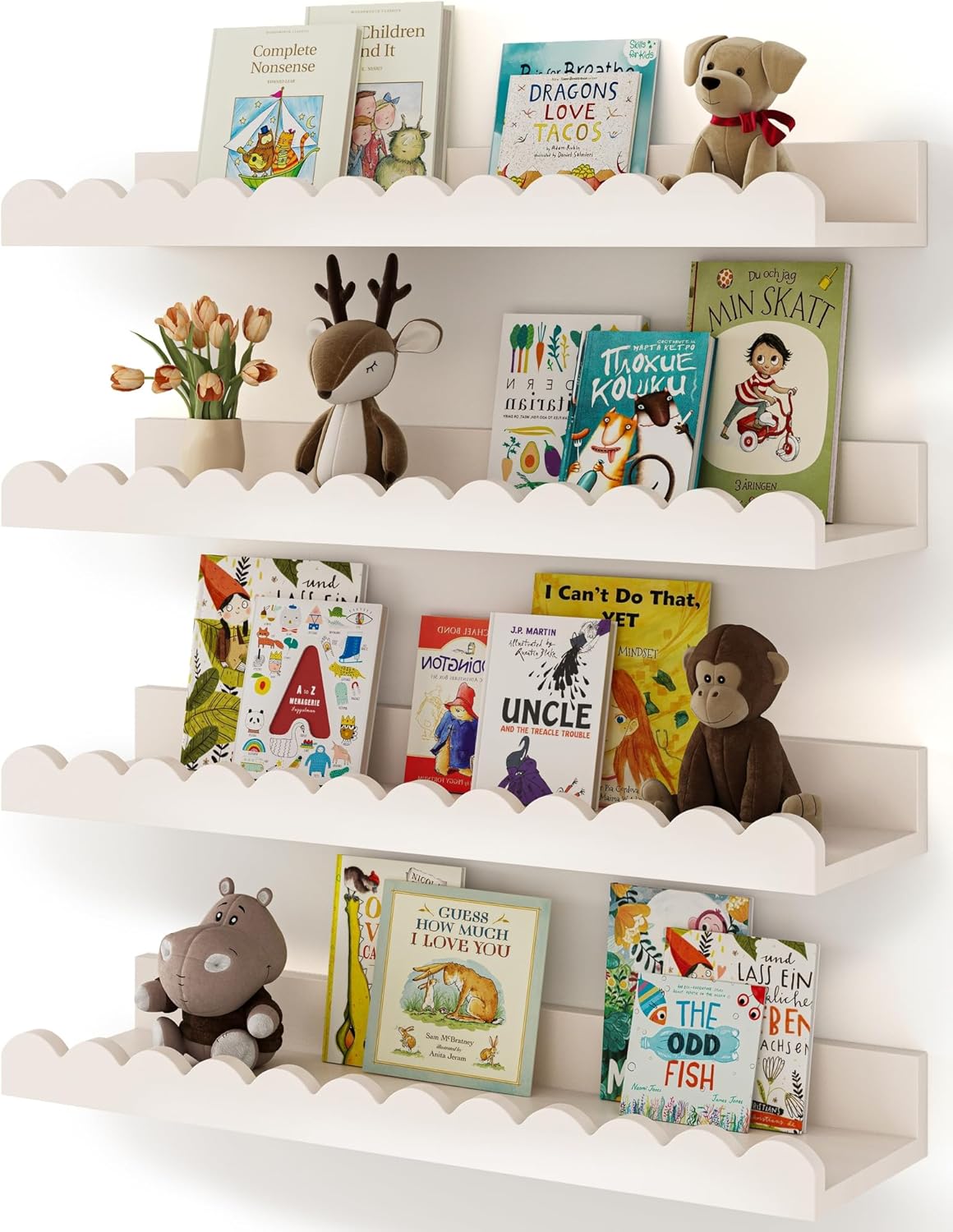 Nursery Book Shelves, 4-Pack White Floating Shelves for Wall Kids, Scalloped Shelves, Wall Book Shelves for Bedroom Kids, Toddler Room, Baby Room, Nursery Decor