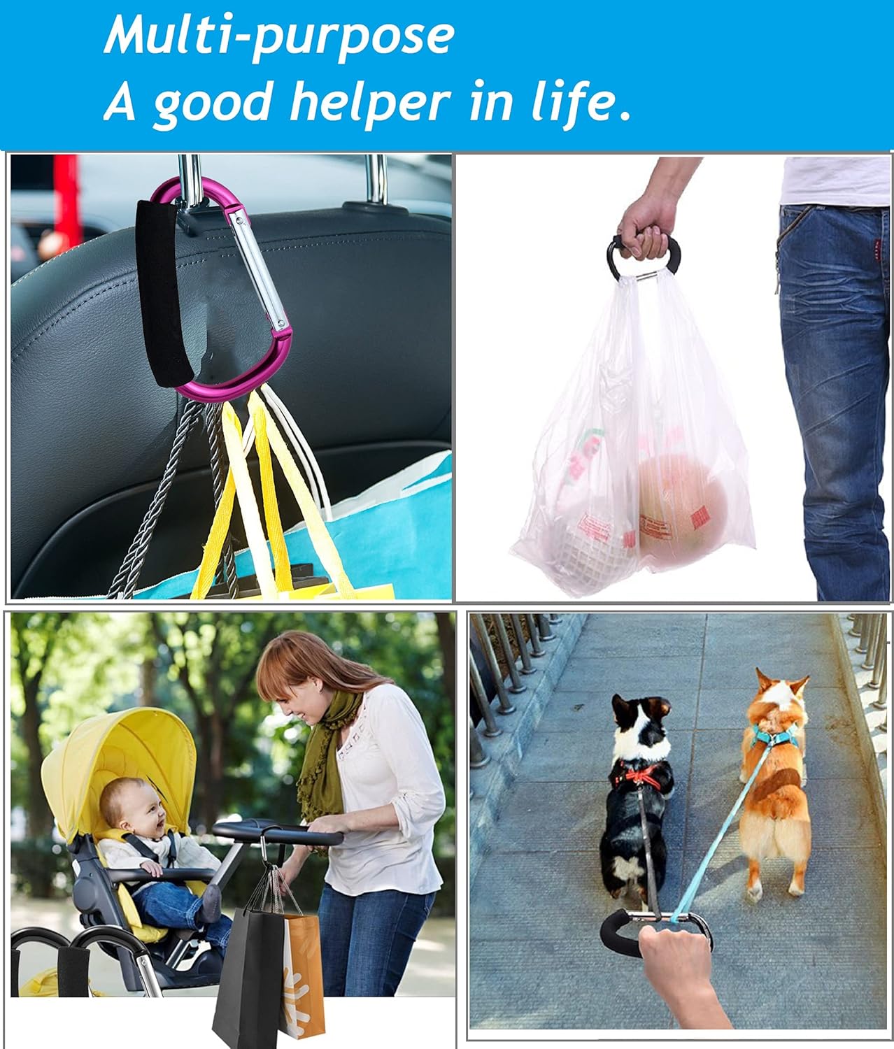 Stroller Hooks by Baby,2 pcs Carabiner Stroller Hook Organizer for Hanging Purses, Diaper Bag, Shopping Bags. Clip Fits Single/Twin Travel Systems, Car Seats and Joggers (Blue)