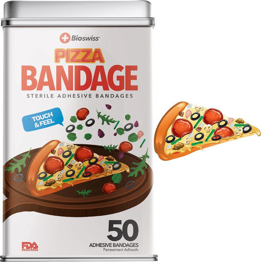 BioSwiss Bandages, Pizza Shaped Self Adhesive Bandage, Latex Free Sterile Wound Care, Fun First Aid Kit Supplies for Kids, 50 Count