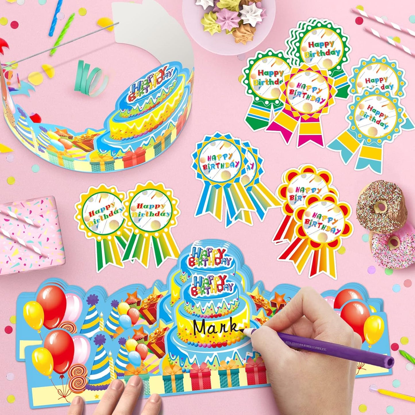 90 Pcs Happy Birthday Kits for Kids Classroom, Include Happy Birthday Crowns, Silicone Stretches, Badge Stickers, Students Kindergarten Birthday Party Hats for School Teacher Classroom Party Supplies