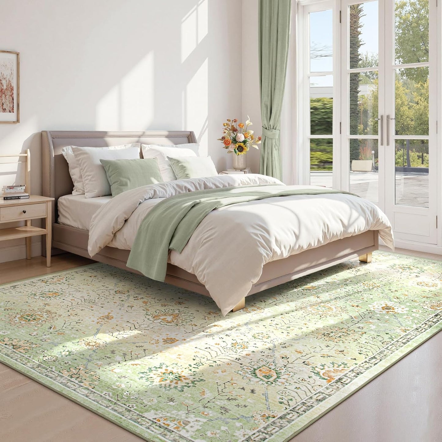 Lahome Sage Green Area Rug 8x10 for Living Room Bedroom, Soft Boho Floral Machine Washable Rugs, Non Slip Indoor Carpet for Nursery Playroom Indoor Home Decor