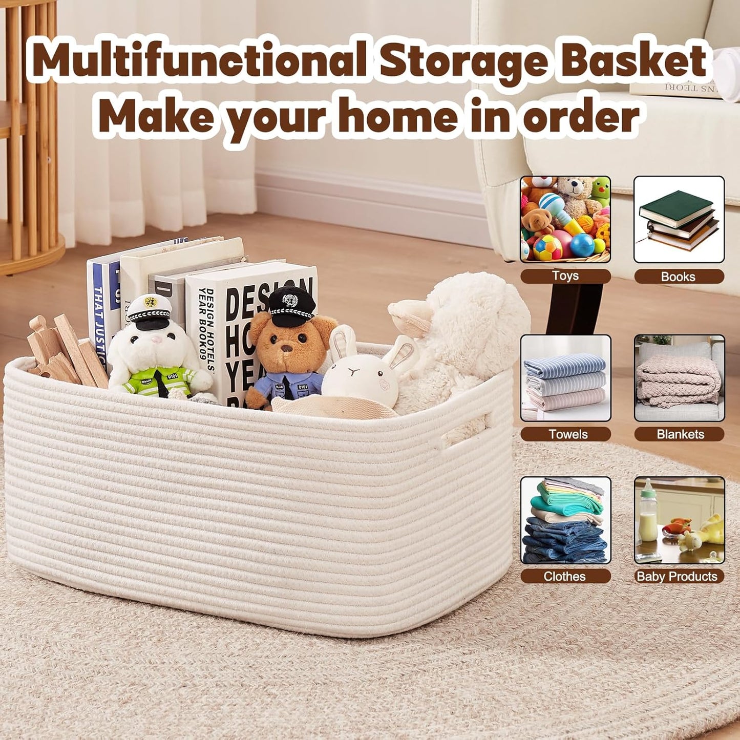 OIAHOMY Storage Basket for Shelves, Closet Cube Storage Bins Baskets for Clothes Blanket Towels, Baby Nursery, Toy Baskets Box, Woven Rope Basket, 17.72*12.99*7.87 IN, 2 Packs White