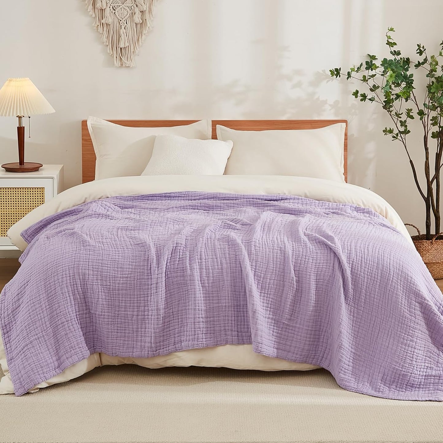 EMME Cotton Blanket Queen Size for Bed Soft Large Muslin Bed Blankets 80"x90" Lightweight Breathable All Season Gauze, Lavender