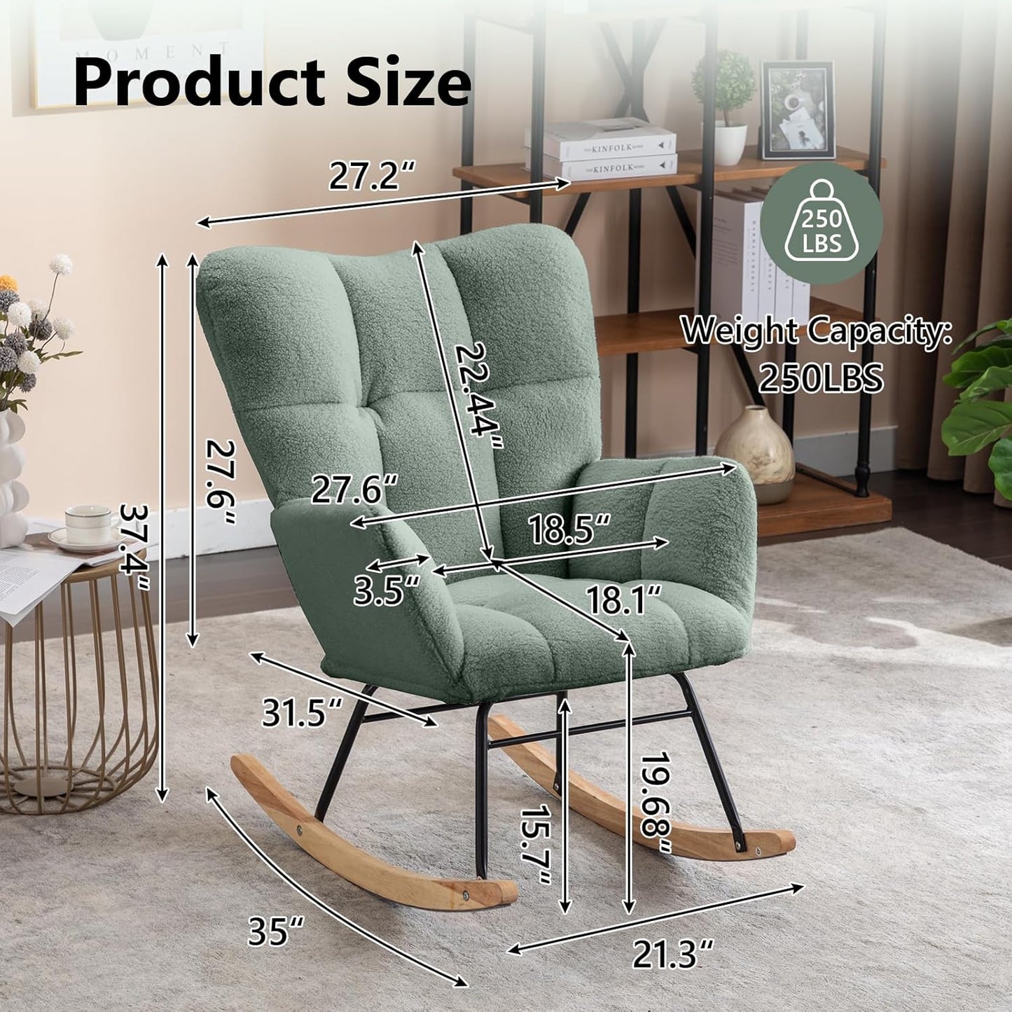NIOIIKIT Nursery Rocking Chair Teddy Upholstered Glider Rocker Rocking Accent Chair Padded Seat with High Backrest Armchair Comfy Side Chair for Living Room Bedroom Offices (Olive Green)