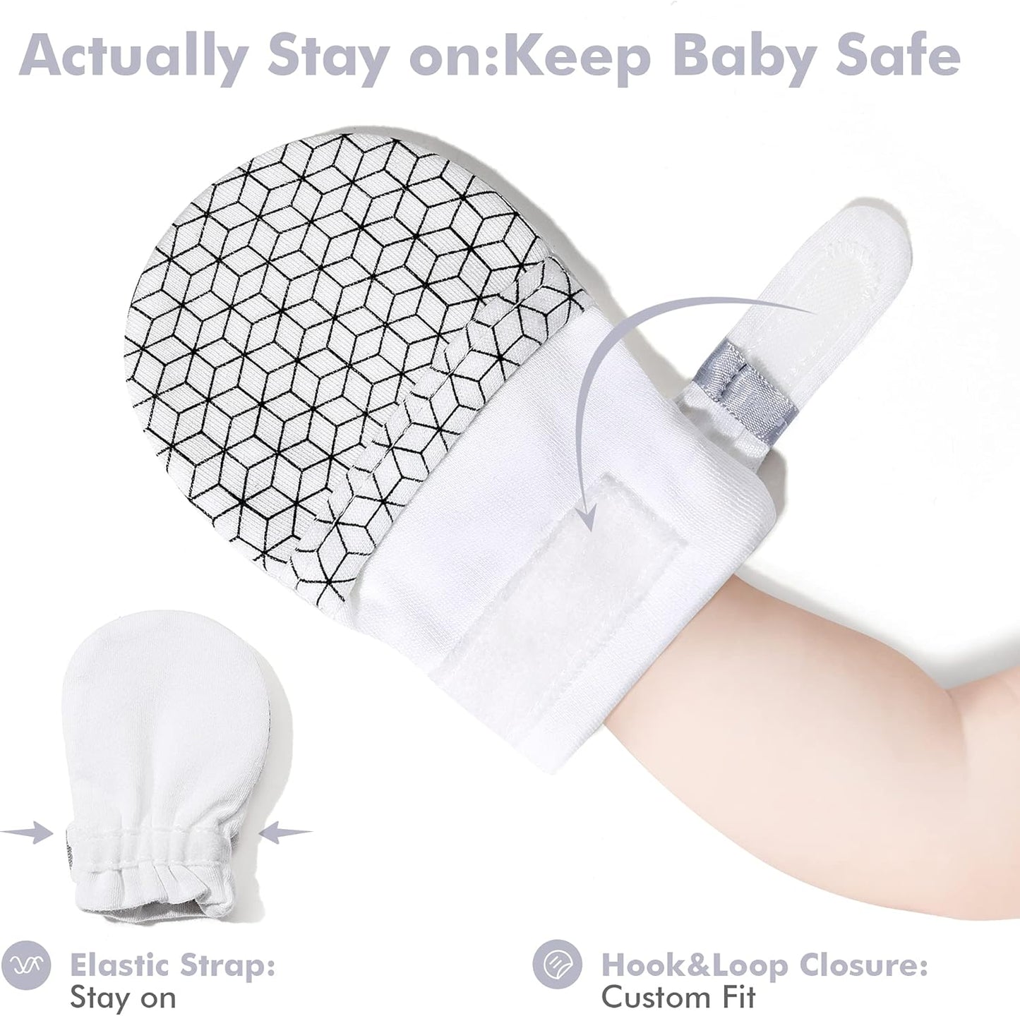 HAPIU Baby No Scratch Mittens Stay On, 100% Cotton Breathable, Adjustable Infant Gloves for Boys Girls, Newborn - 12 M