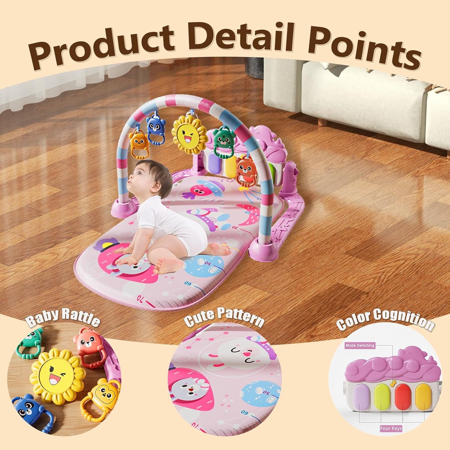 Alive Lovely Baby Gyms Play Mats, Musical Activity Center Baby Piano Gym Mat, Music and Lights Tummy Time Padded Mat for Newborn Newborn 0 to 3 6 9 12 Months