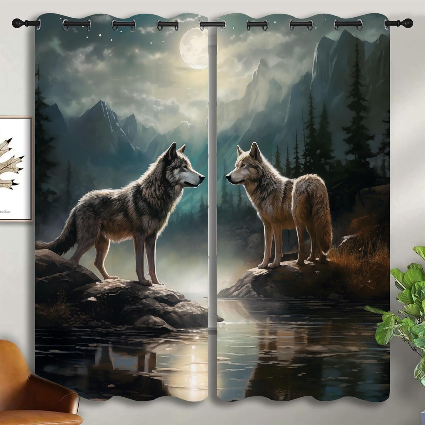 Wolf Blackout Curtains for Boys Girl Bedroom Decor,Moon Mountain Pine Forest Wild Animals Thermal Insulated Grommet Drapes Darkening Window Curtain for Living Room Home 55x63 inch