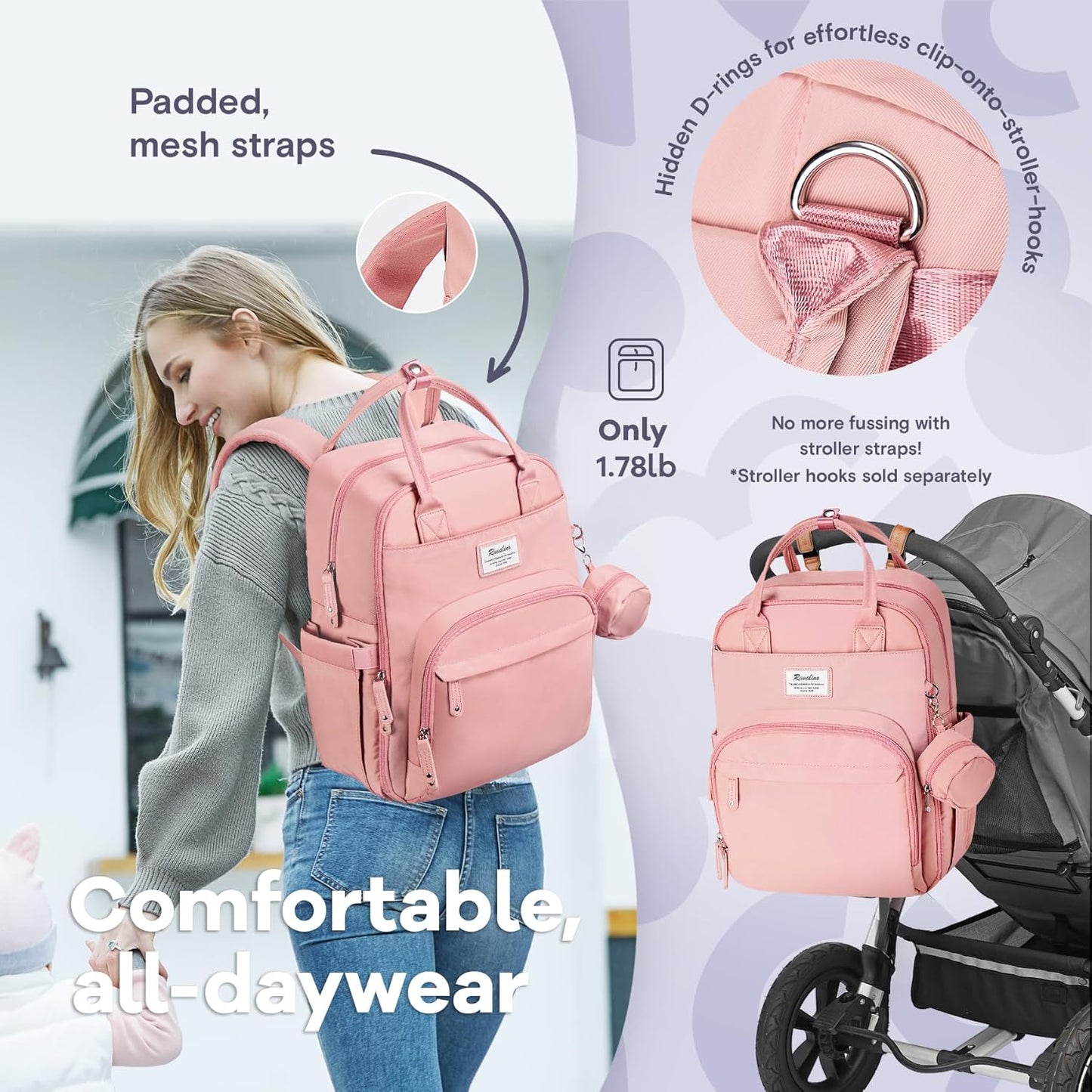 RUVALINO Diaper Bag Backpack, Multifunction Travel Back Pack for Girls, Maternity Baby Changing Bags with Changing Pad for Mom, Large Capacity, Waterproof and Stylish, Pink