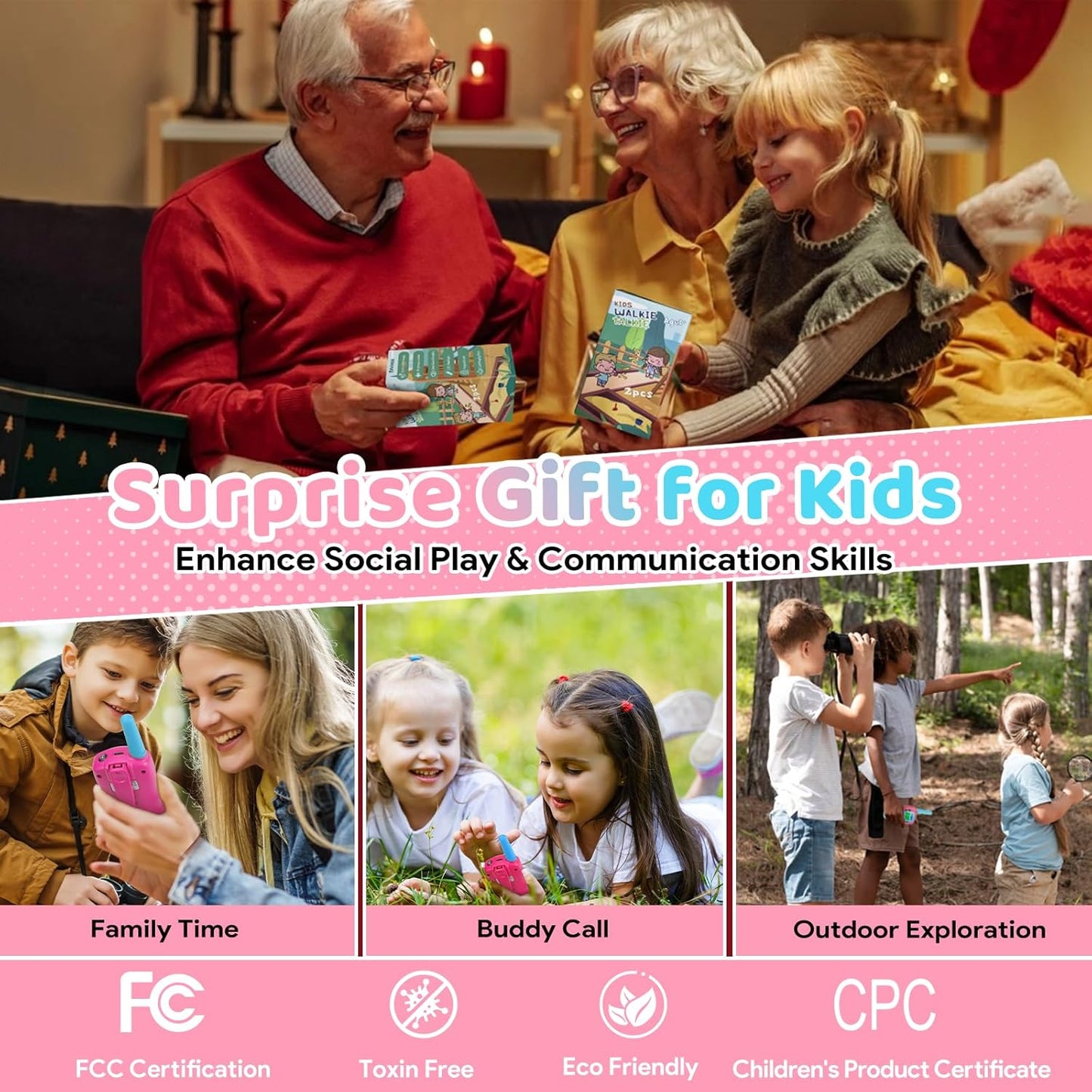 Vvinca Toys for 3-12 Year Old Girls, Rechargeable Walkie Talkies for Kids 22 Channels 2 Way Kids Walkie Talkie with Flashlight for Camping Hiking Indoor Outdoor 3 4 5 6-12 Boy Girl Birthday Gifts Pink