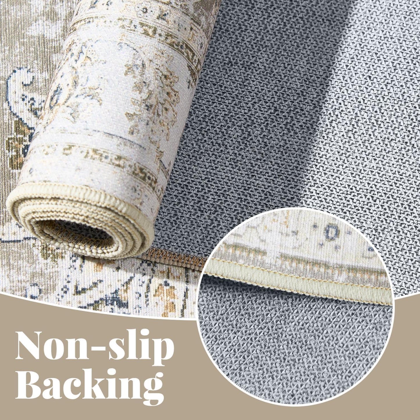 jinchan Runner Rug 2x5 Machine Washable Hallway Rug Taupe Vintage Floral Print Non-Slip Low Pile Ultra-Thin for Kitchen,Entryway,Laundry Room,Bedroom,Farmhouse (2‘x5’,Taupe)