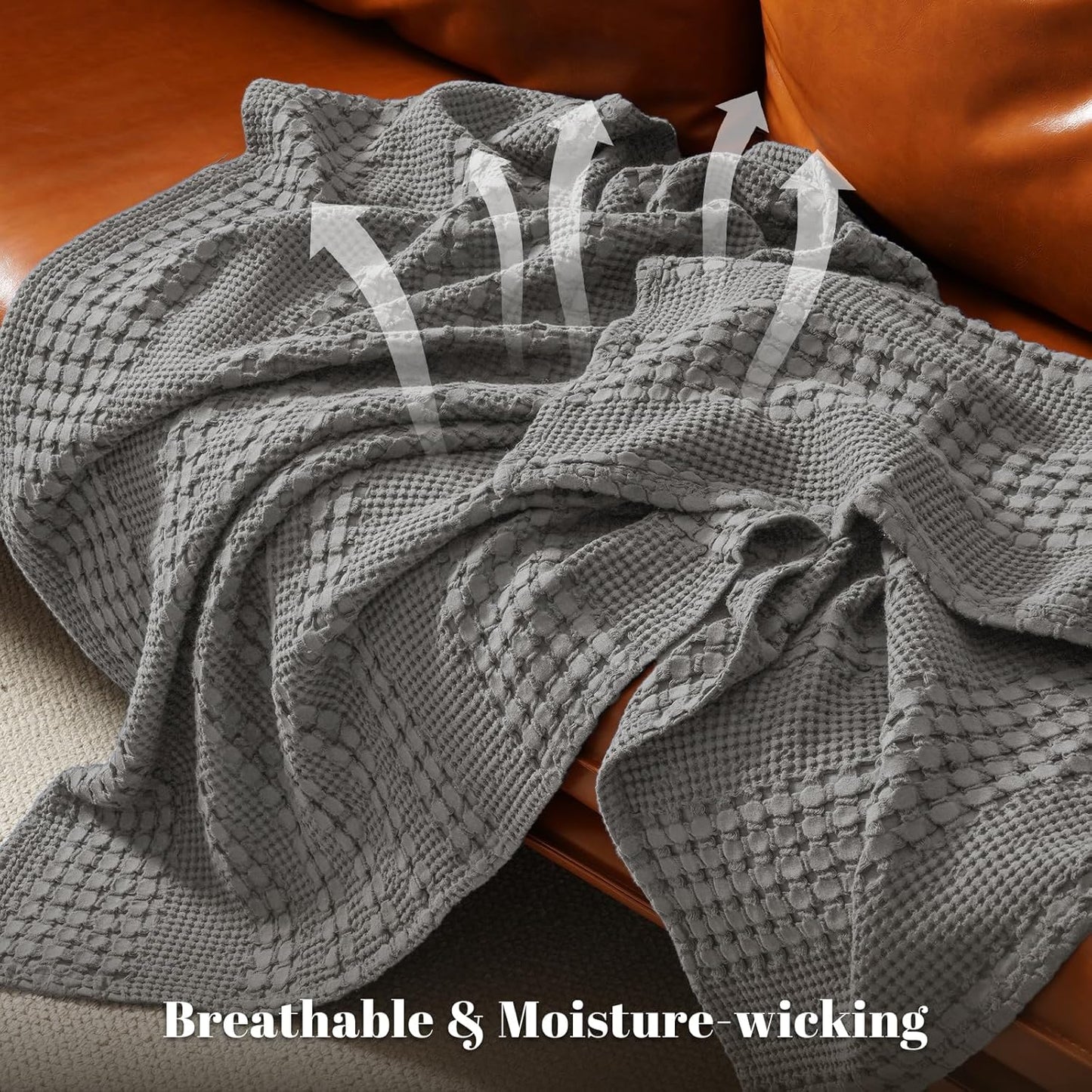 PHF 100% Cotton Waffle Weave Blanket Twin Size, Soft Lightweight Breathable Cozy Summer Blankets for Bed, Luxury Aesthetic Woven Bedding for Home Decor, 66"x90", Dark Grey