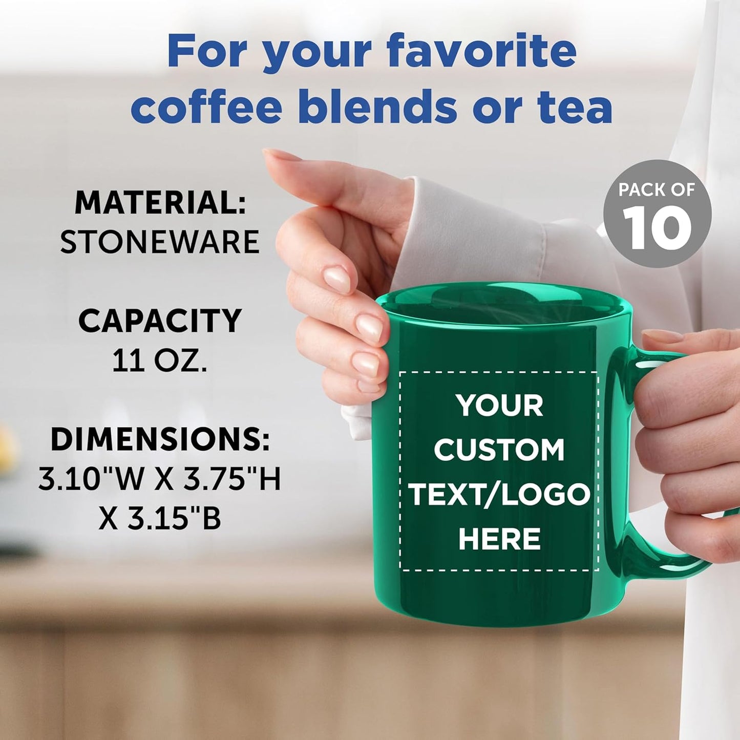 Custom Ceramic Coffee Mugs 11 oz. Set of 10, Personalized Bulk Pack - Coffee cup set, Iced coffee cup, Gaming mug - Green