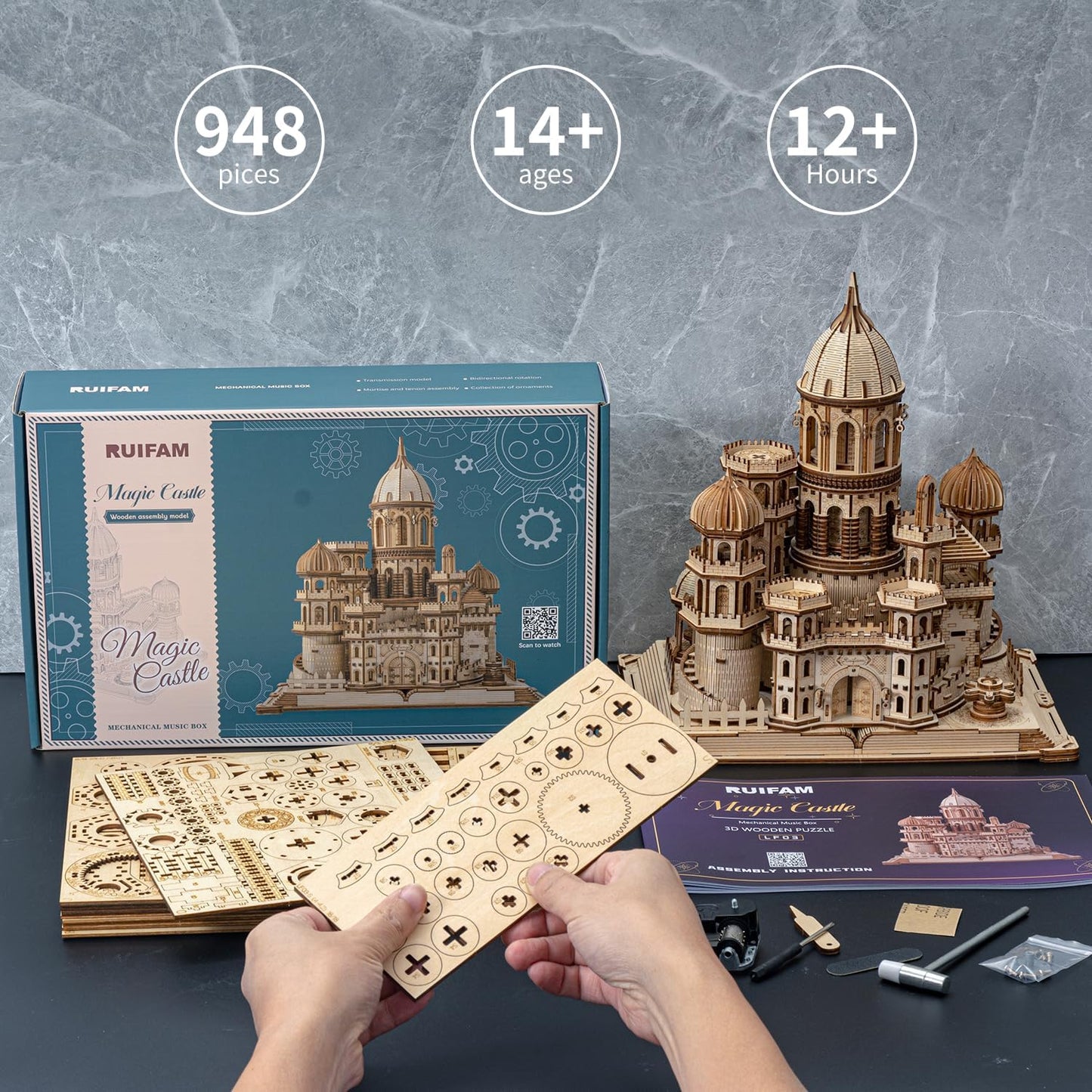 3D Wooden Puzzles DIY Mechanical Wooden Wide Model Kit 1000 Pcs 3D Puzzles for Adults Teens 14+Years Puzzle Enthusiasts Box Clockwork Enchanted Castle