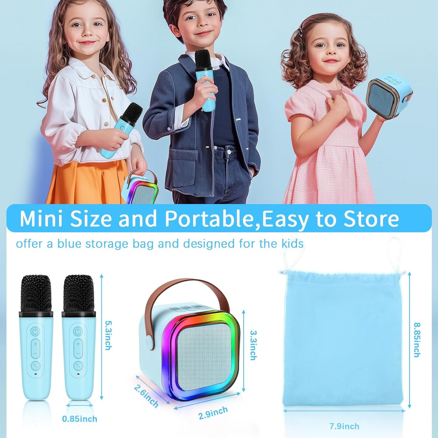 Mini Speaker with 2 Microphones,Kids Mini Karaoke Machine with Portable Speaker,3 LED Disco Lights,5 Funny Sound, Gift for Girl Boy Toddler Teen Adult Birthday Holiday Home Party-Blue