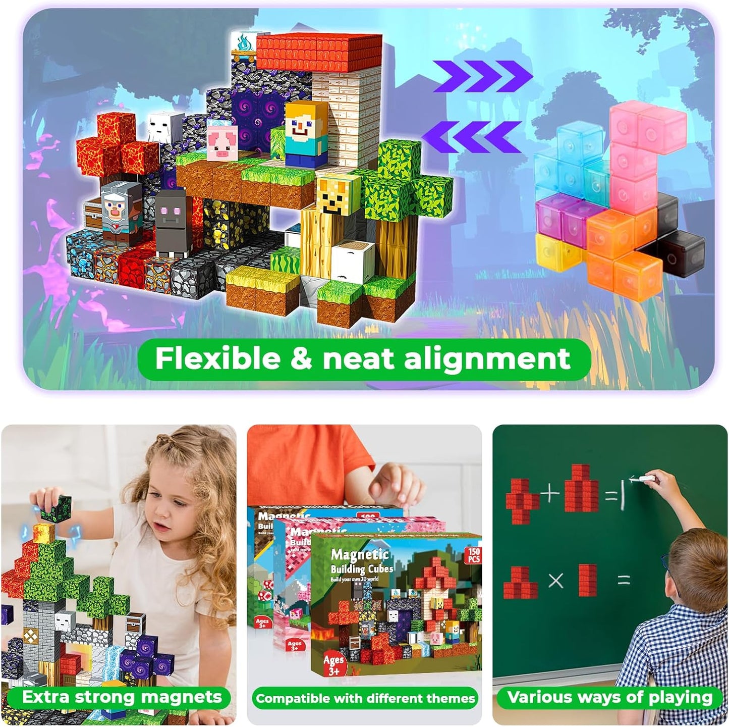 150 PCS Magnetic Blocks - Building Block for Kids Ages 4-8, Magnet Blocks Cubes Tiles Constructions Toys Girl Boy, STEM Educational Montessori Stacking Toy, Sensory Play Game Preschool Learning Gifts