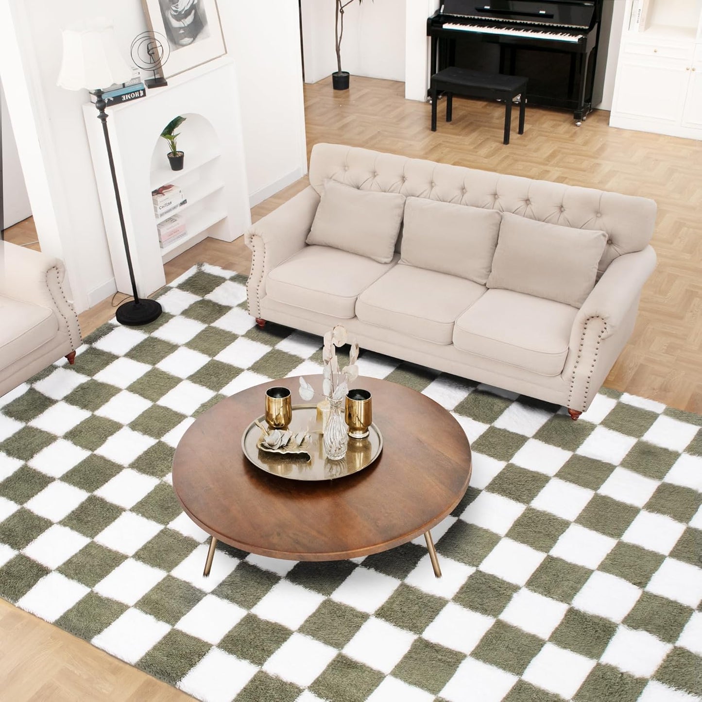 Super Soft Rug for Bedroom, 6x9 Ft Green and White Area Rug Classic Checkered Shaggy Anti-Skid High Pile Soft Fluffy Rug Fuzzy Carpet for Living Room Bedroom Kids Room Nursery, Dorm Home Decor