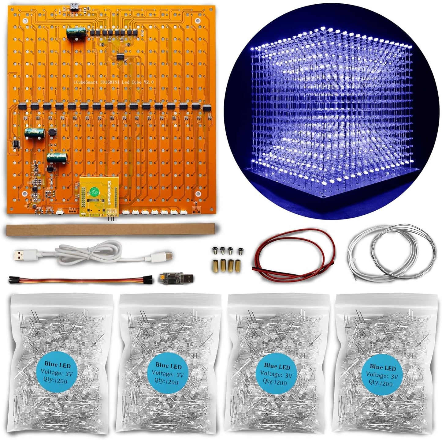 Mini 3D Led Cube DIY Electronics Kit Soldering Project Kit (3D16MINI-ALLBLUE-KIT)