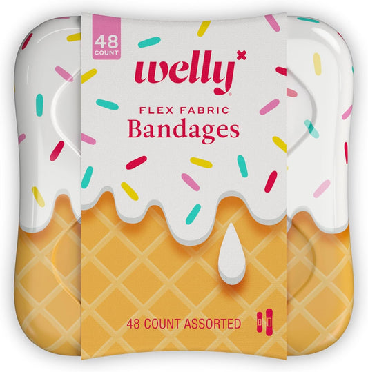 Welly Bandages | Adhesive Flexible Fabric Bravery Badges | Assorted Shapes for Minor Cuts, Scrapes, and Wounds | Colorful and Fun First Aid Tin | Ice Cream Patterns - 48 Count