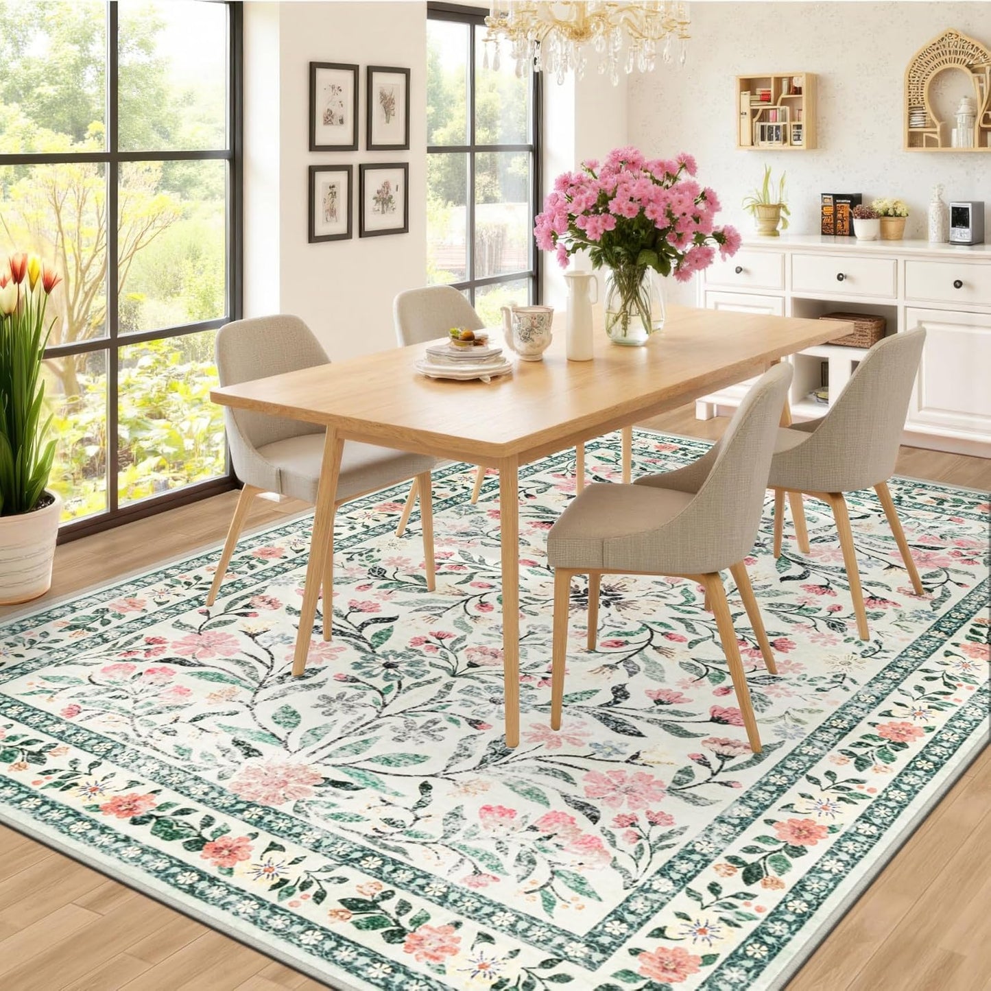Area Rug Living Room Rugs: Floral 5x7 Washable Rug Vintage Soft Boho Non-Slip Carpet Indoor Stain Resistant Large Carpets for Bedroom Dining Room Farmhouse Nursery Hallway Home Office Green Beige