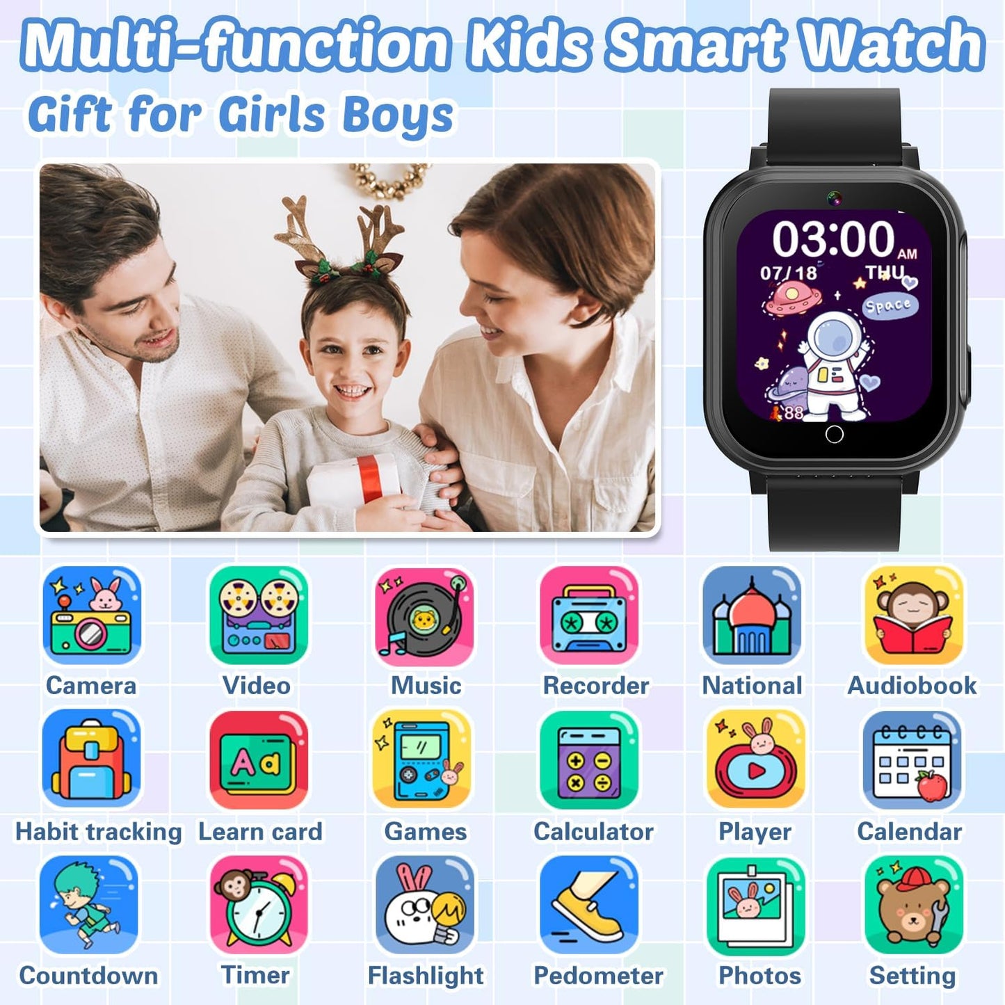 Waterproof Smart Watch for Kids with 32 Games Dual Camera Video Habit Tracking Music Player Pedometer Screen Protectors Lanyard, HD Touchscreen Kids Smart Watch Toy Birthday Gift for 3-12 Year Old