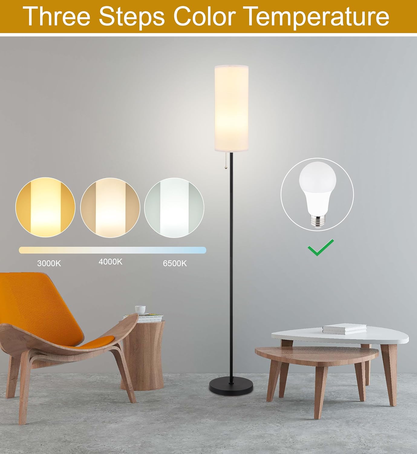 Floor Lamp for Living Room, Modern Standing Lamps with Lampshade, Minimalist Tall Lamp with Chain Switch for Living Room, Bedroom, Kids Room, Office,Standing Lamp LED Bulb Included (White Shade)