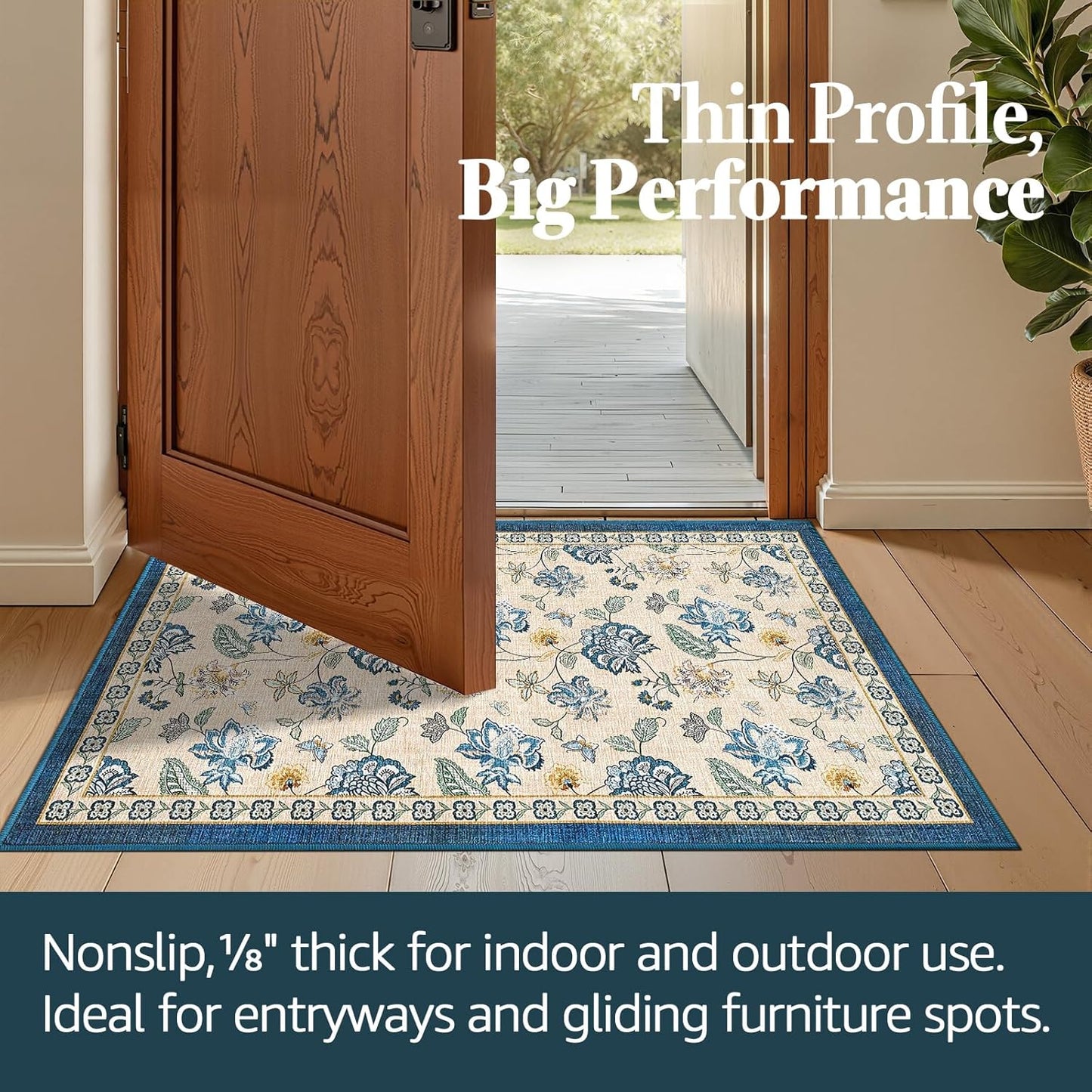 jinchan 3x5 Floral Rug for Entryway Washable Kitchen Rug Vintage Romance Design Small Mat Non Slip Indoor Doormat Lightweight Low-Profile Throw Carpet for Entrance Bathroom Laundry Room, Blue/Beige