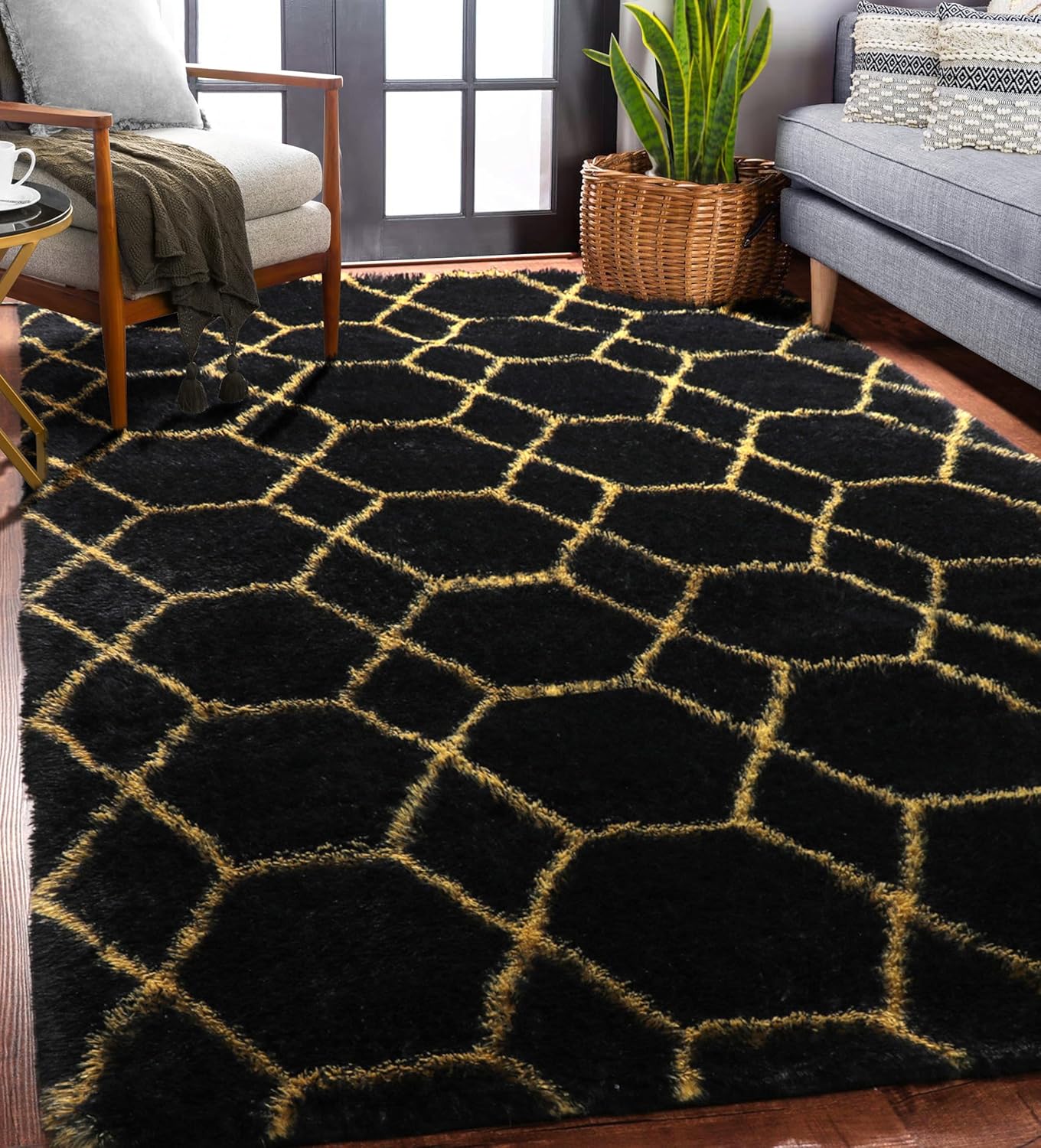 ONASAR Area Rugs for Bedroom Living Room, Washable 4x6 Fluffy Black and Gold Throw Rug, Shaggy Geometric Floor Mat for Home Decor, Soft Plush Carpet for Kids Teen Playroom Dorm Classroom Office