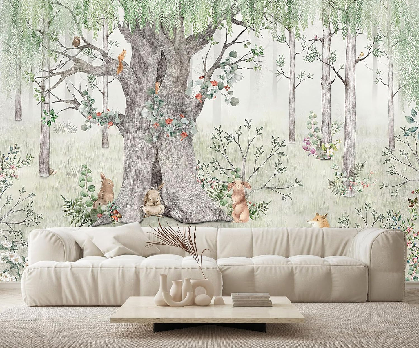 Watercolor Forest Animals Wallpaper Kids Large Tree Mural Wallpaper for Kids Bedroom Living Room(Not Self-Adhesive)