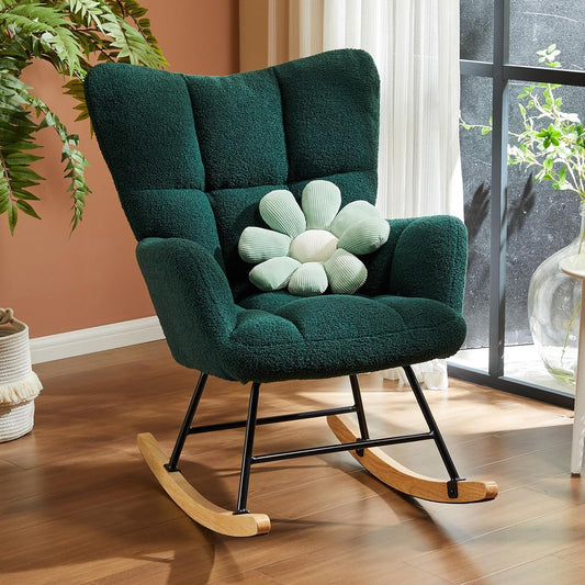 Sweetcrispy Rocking Chair Nursery, Teddy Upholstered Glider Rocker with High Backrest, Reading Chair Modern Rocking Accent Chairs Glider Chair for Nursery, Living Room, Bedroom, Deep Green