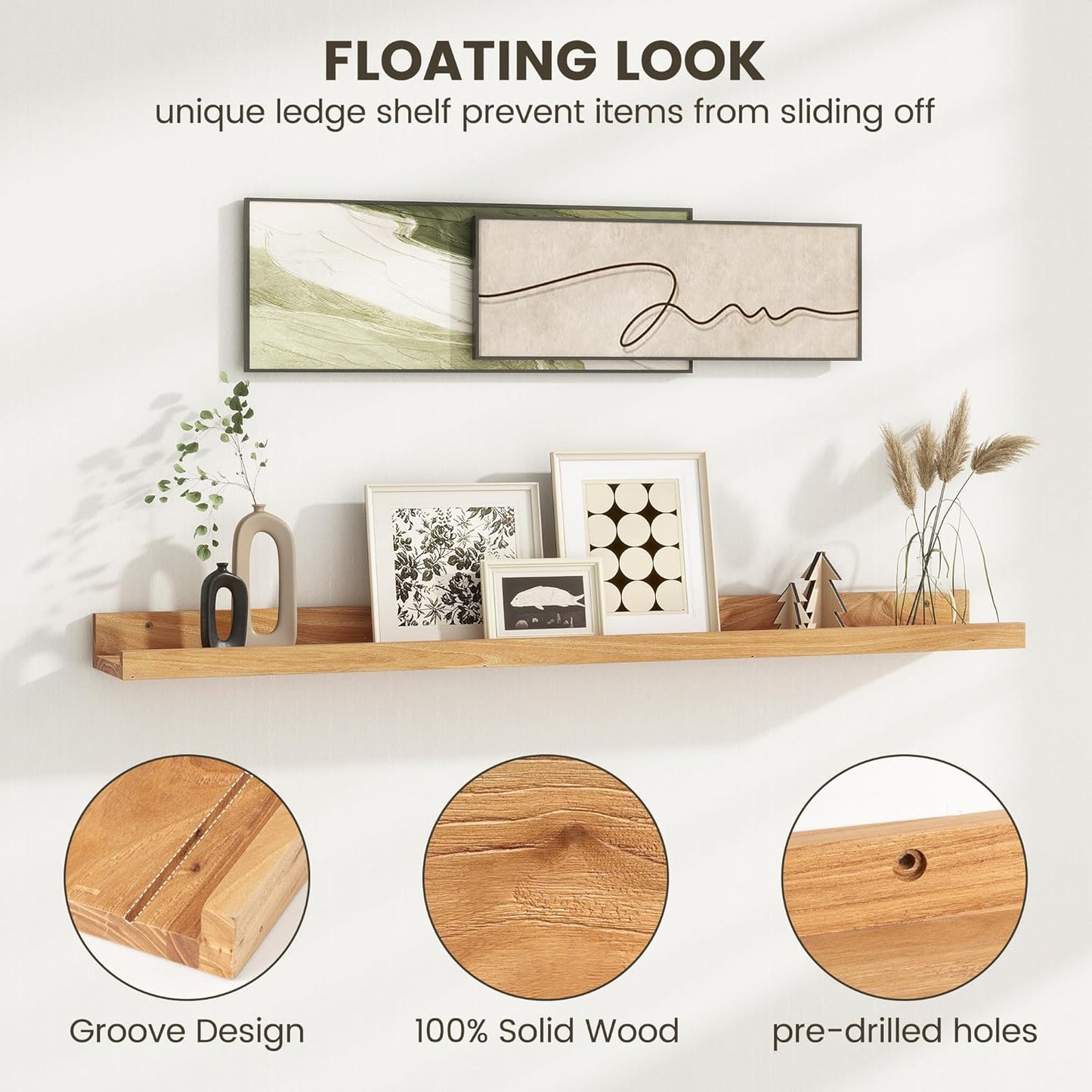 Picture Ledge Shelf, 48 Inch Long Floating Shelves for Wall, Nursery Bookshelf for Storage with Lip, Rustic Elm Wood Photo Ledge Shelves for Bedroom, Living Room, Kitchen (Natural, 48in Set of 2)